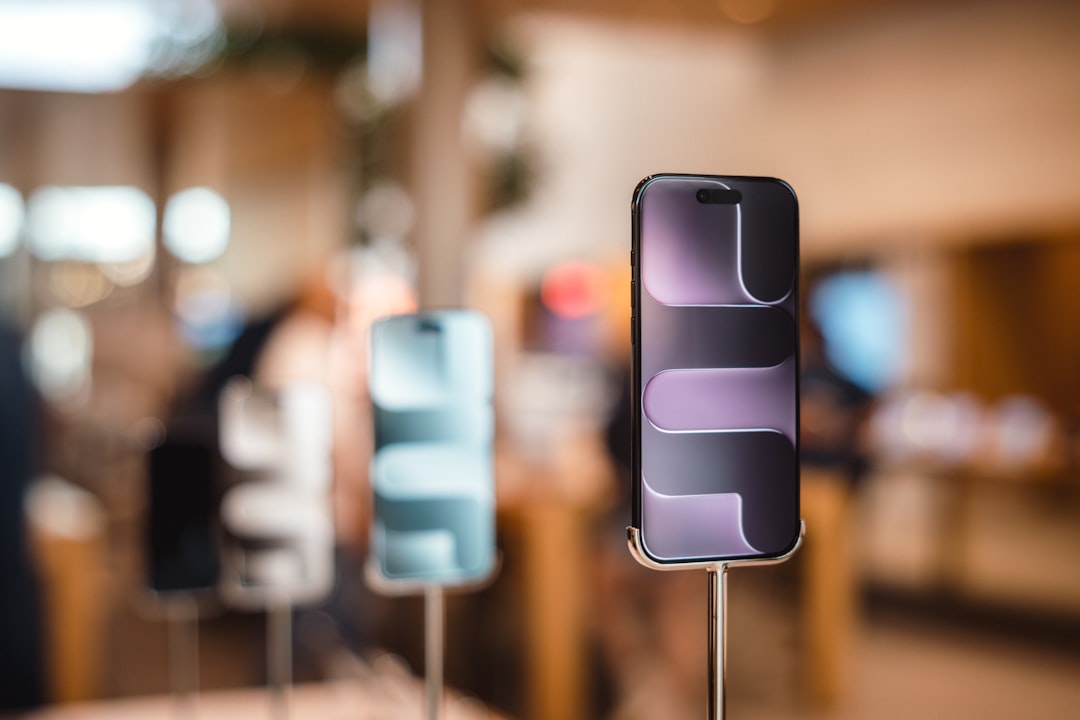 Smartphones displayed on stands in a store