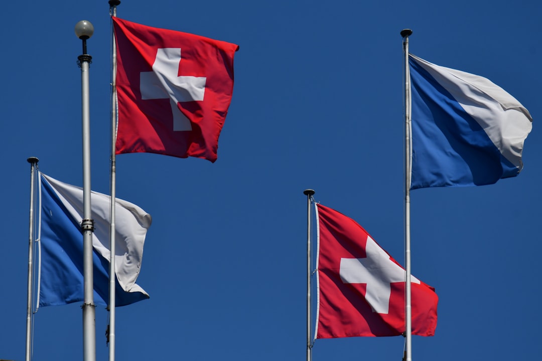 a group of flags flying in the wind