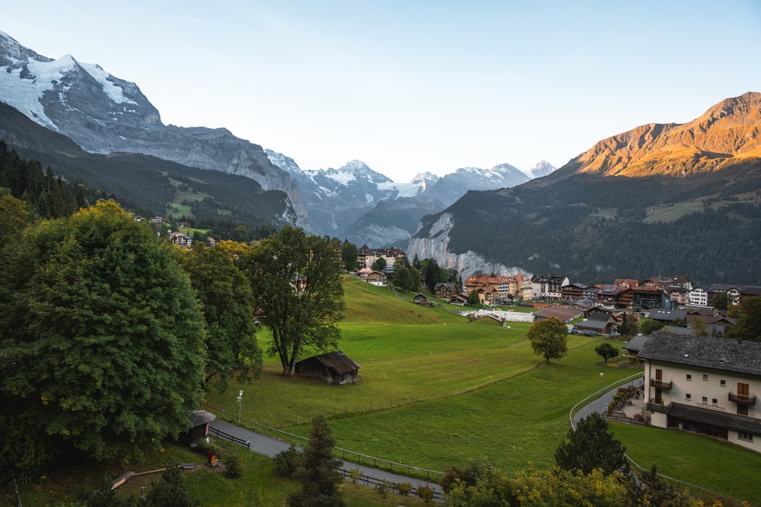 a scenic view of a village and mountains